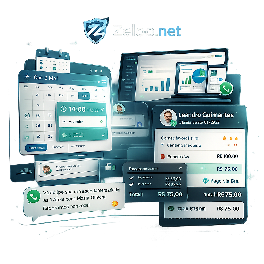 Interfaces da plataforma Zeloo: agenda, comanda, faturamento e mensagens automáticas por WhatsApp